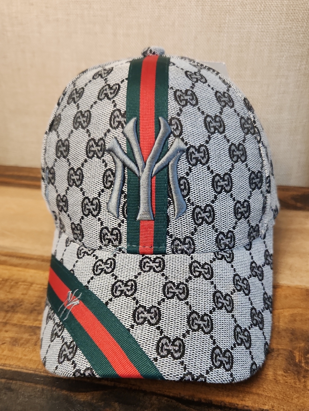 Designer-Inspired Gray Patterned Baseball Cap with Green & Red Stripe